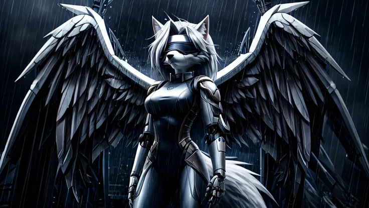 Loona from Helluva Boss, female white wolf, anthro, short white hair, blindfold, white modern armored combat bodysuit, white mechanical angel wings, standing, serious, raining, clear background, dark lighting, detailed, solo, beautiful, high quality, 4K