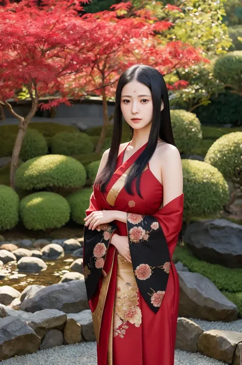 A hyper-realistic portrayal of Kaguya Shinomiya from Kaguya-sama: Love is War, standing in a tranquil Japanese garden at twilight, (detailed black hair:1.2), (lifelike facial features:1.3), wearing her  with realistic fabric textures, (expressive red eyes)...