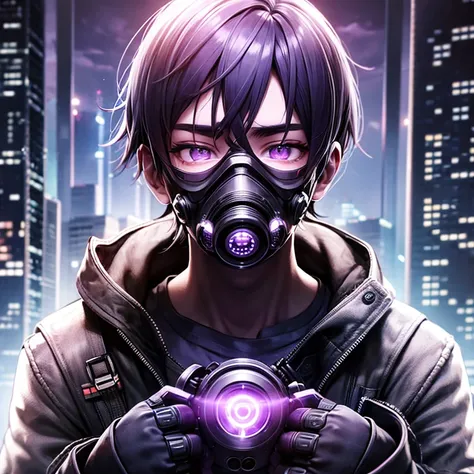  boy, cyberpunk, gas mask, close to face, purple backdrop