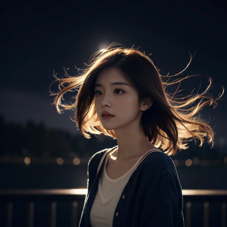 best quality, ultra-detailed, an extremely delicate and beautiful, depth of field, (photorealistic:1.4), 1woman, 23 years old, casual wear, hair blowing in the wind, (night:1.7)