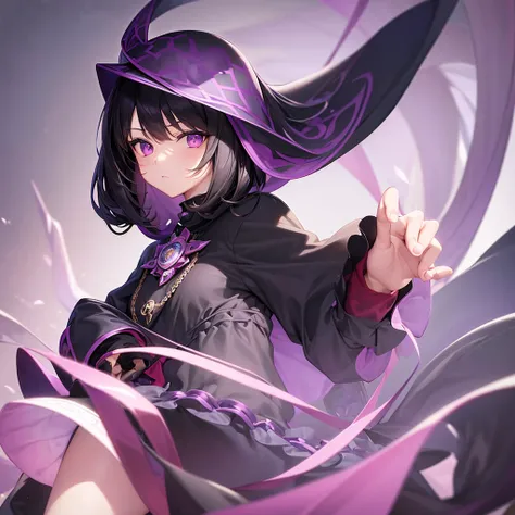 ((best quality)), ((masterpiece)), (detailed), 1girl,black hair, wear a violet hood with combi of black, long sleeve, upper body, infinite neclace, red berret, black writing on the shirt, yensa ,lilac eyes