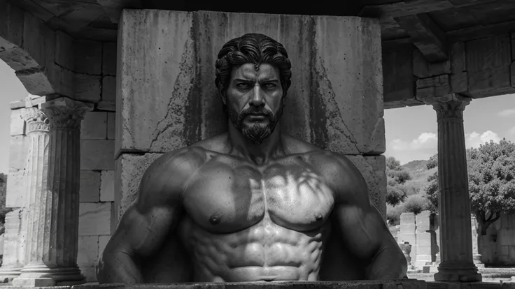 a portrait statue of the stoic Marcus Aurelius in black and white 4K, Super realistic ANCIENT GREEK RUINS, fully body, corpo stark, brawny, stark, wearing no shirt, tronco stark, stark, wearing no shirt, strong arms, 8K, ultra realisitic, cinematographic