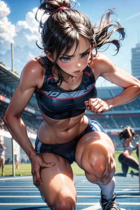 Photo of a 20 year old woman, Perfect Face, masterpiece, good, Sports bra,Racing Bloomers、good,  Dynamic Perspective、Run at full speed、Sweat flying、Serious face、Crouching Style、Track and Field、Short hairstyle