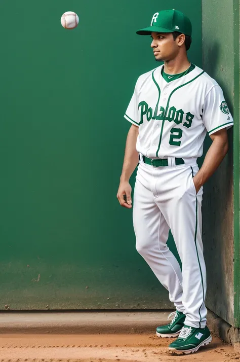 Baseball uniform with white and green pochaco background 
