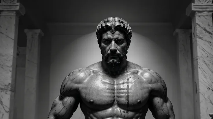 a portrait statue of the stoic Marcus Aurelius in black and white 4K, Super realistic ANCIENT GREEK RUINS, fully body, corpo stark, brawny, stark, wearing no shirt, tronco stark, stark, wearing no shirt, strong arms, 8K, ultra realisitic, cinematographic
