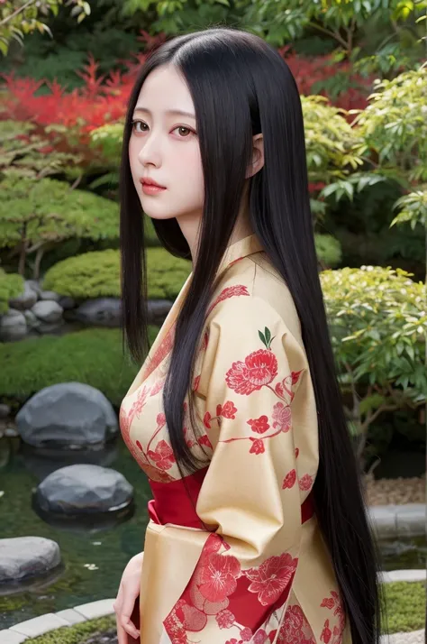 A hyper-realistic portrayal of Kaguya Shinomiya from Kaguya-sama: Love is War, (kawaii), standing in a tranquil Japanese garden at twilight, (detailed black hair:1.2), (lifelike facial features:1.3), wearing her  with realistic fabric textures, (expressive...