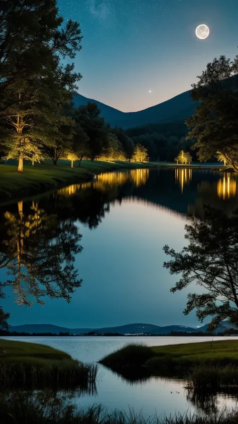 A tranquil night view on the quiet lakeside, The soft glow of the moonlight is reflected on the still water. The sky is clear, Revealing a multitude of stars. The lake is surrounded by dense, Dark green tree々, Sway gently in the breeze. the full moon shine...