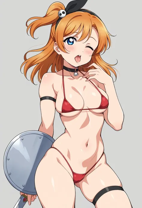 Masterpiece, best quality, solo,solo, retro style,honoka kousaka love live, blue eyes, orange hair, string bikini, micro bikini, red bikini, hentai style, skindentation , cowboy shot, shield in right arm, sword in left hand, standing, facing viewer, one ey...