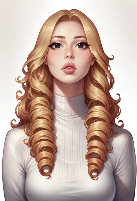 ((best quality)), ((masterpiece)), (detailed),  a eoman in her 40s, long curly dark blonde hair, black eyes , round face , full lips , black long neck shirt. European not asian