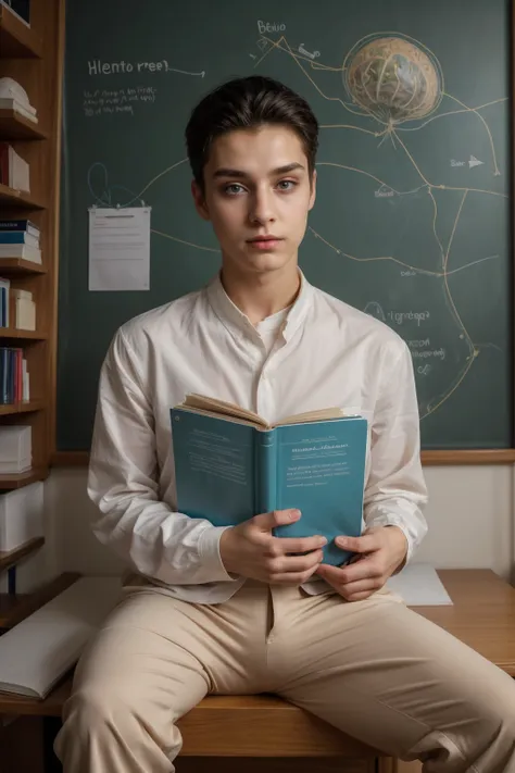 A beautiful young male twink, cute, with black hair and a face with makeup, wearing a bright white long-sleeved shirt and aqua blue pants, and he is in his office, and behind him is a blackboard on which is written the shape of the brain and its anatomy, a...