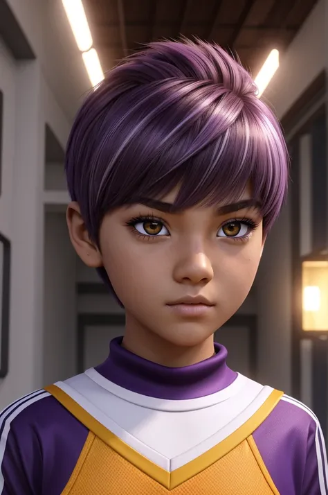 Screenshot of my hero academy Young girl with very short hair combed out in the wolf cut style in a color between purple and dark brown that highlights her light and white skin neutral expression wearing the sports uniform Bright orange-yellow eyes with lo...