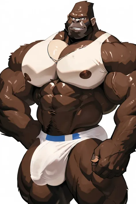 Gorilla man, exaggeratedly muscular, detailed eyes, prominent and dilated veins, alpha male, huge pecs (huge: 2.5), sensual expression, nicebulge, sexy pose, wearing white underwear, full body, (white background).