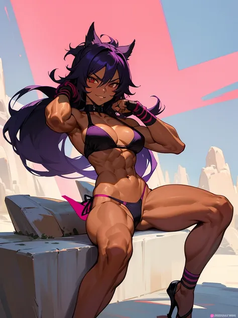 18 year old Yoruichi Shihöin from Bleach with tanned skin in a neon pink thong bikini flexing her muscles in a front double bicep pose to pridefully show off her rock hard abs and sitting on her heels on a mountain ledge, highly detailed