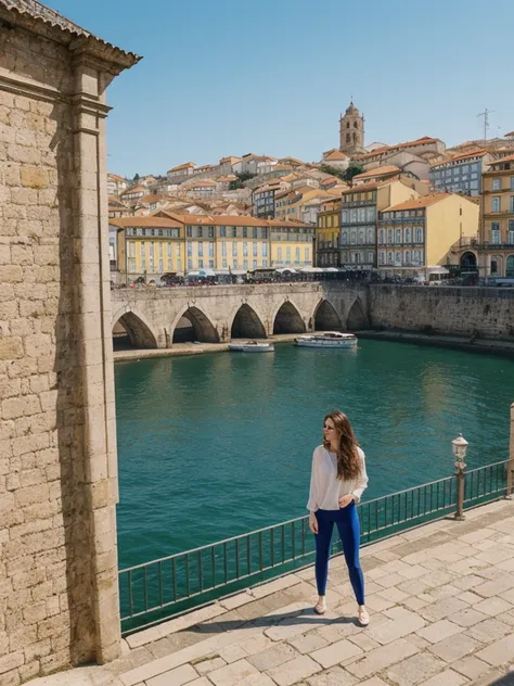 her name is Elle, high quality, 1girl, ((20-year-old fit Caucasian woman)), ((20 years old)), ((fit)), ((pale skin)), Beachy Waves dark hair , wearing Midnight Blue Velvet Wrap Top + High-Waisted Tapered Pants, pose: standing, background: Highlight the riv...