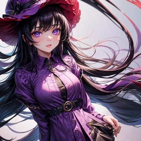 ((best quality)), ((masterpiece)), (detailed), 1girl,black hair, wear a violet jacket, shirt inside, upper body, infinite neclace, red berret, black writing on the shirt, yensa ,lilac eyes