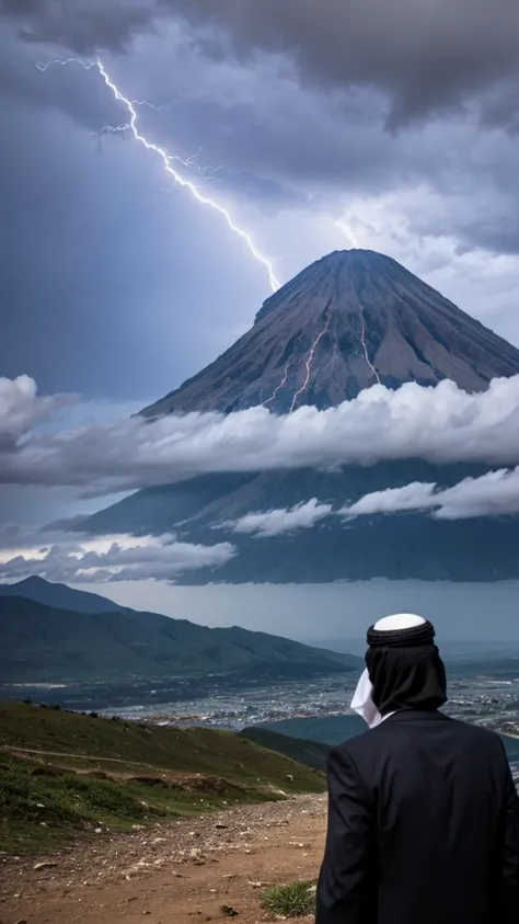 
a Muslim man on a high hill who is watching a mountain erupt, along with scary strong winds, accompanied by terrible lightning, dramatic