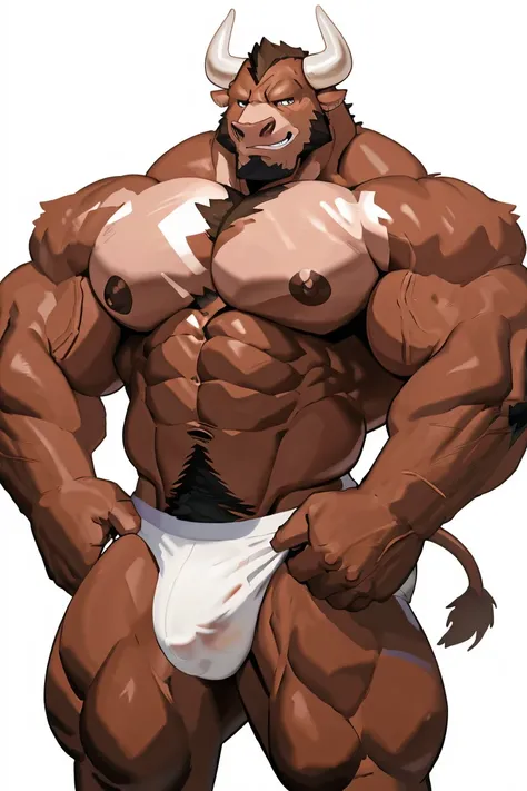 Bull man, exaggeratedly muscular, detailed eyes, prominent and dilated veins, alpha male, huge pecs (huge: 2.5), sensual expression, nicebulge, sexy pose, wearing white underwear, full body, (white background).