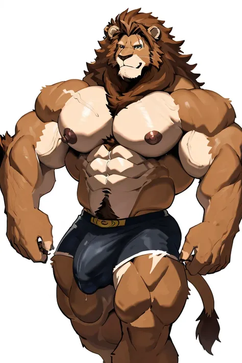 lion man, exaggeratedly muscular, detailed eyes, prominent and dilated veins, alpha male, huge pecs (huge: 2.5), sensual expression, nicebulge, full body, sexy pose, (white background).