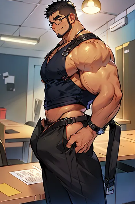 4k, masterpiece, high resolution:1.2, 1 man, solo, bara, muscular, big physique, crew cut hair, facial hair, chest, wide shoulder, biceps, thighs, triceps, butt, black hair, cute smile, friendly, standing in an office, wearing formal trousers, wearing form...