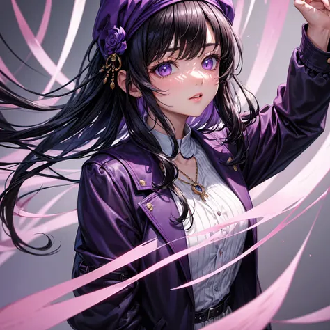 ((best quality)), ((masterpiece)), (detailed), 1modern era girl,black hair, wear a violet jacket, shirt inside, upper body, infinite neclace, red berret, black writing on the shirt, yensa ,lilac eyes