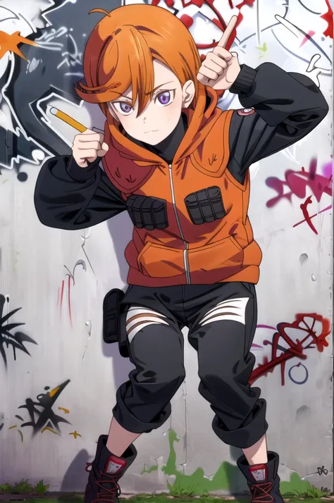 A girl Ninja,wearing a red hoodie and white shirt, short black pants, a plain    (graffiti:1.5) background,hair orange,eyes purple,shoes boots 