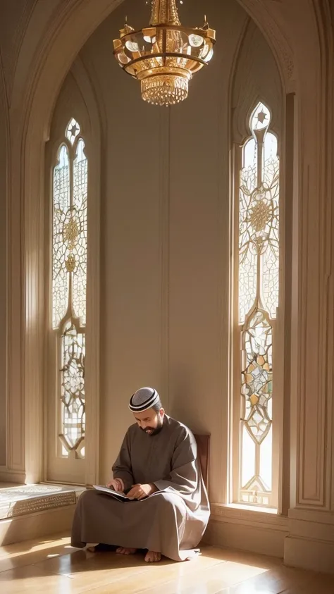 
close-up photo of a Muslim man sitting solemnly in a quiet, well-lit room. He was holding the Koran with his right hand and was reading it fervently. The soft light from the window highlighted his calm and solemn face. The rooms minimalist backdrop adds f...