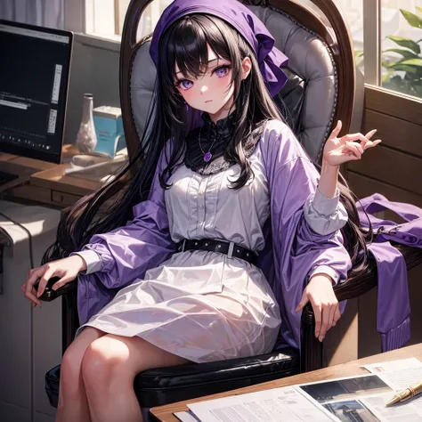 ((best quality)), ((masterpiece)), (detailed), 1modern era girl, siting on computer chair ,black hair, wear a violet jacket, shirt inside, upper body, infinite neclace, red berret, black writing on the shirt, yensa ,lilac eyes