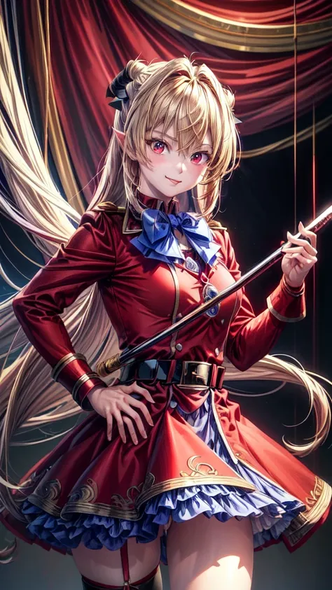 ((Best Quality)), ((Masterpiece)), (detailed), 1 girl, red military uniform, blue bow, blond hair, two little horns with their hair, Red eyes, happy look, holds a bright red katana, simple background that matches the character, (full body view), {Terakomar...