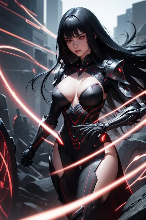 a young woman with four breasts wearing futuristic biomechanical armor, long black hair with v-shaped bangs, hyperrealistic, cinematic lighting, highly detailed, award winning cg artwork, artstation, intricate, elegant, striking pose, dramatic, powerful, m...