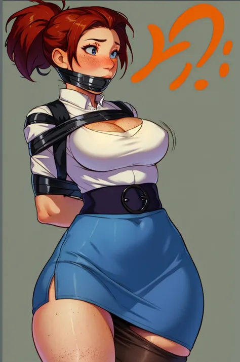 1 girl, ginger hair, ponytail, pioneer style clothes, traditional skirt, long skirt, waist apron, freckles, hair tied back, short hair, wide hips, hands behind back, duct tape, tape bondage, blush, bound arms, sexy