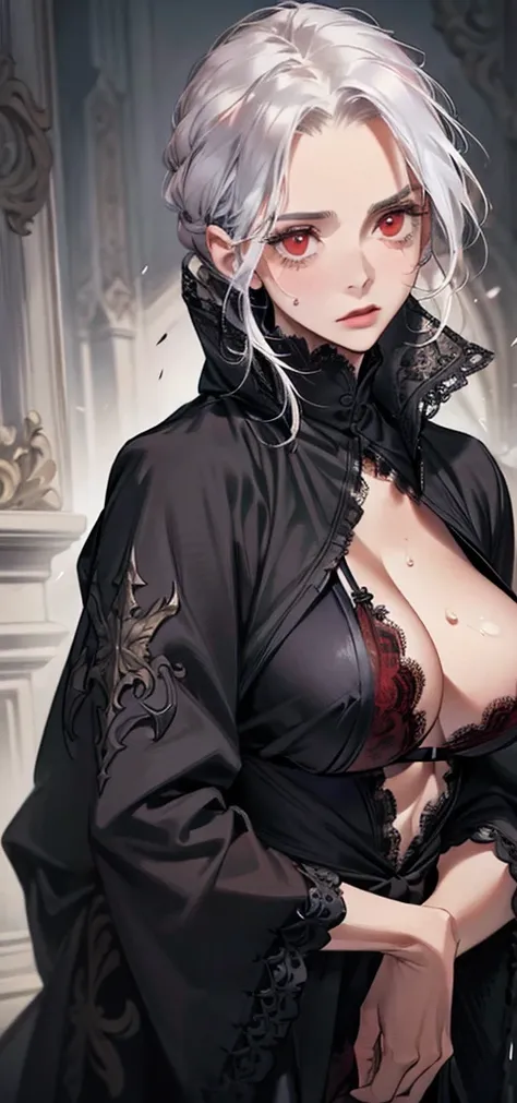 (best quality,high resolution:1.2), ultra-detailed, realistic:1.37, mature beautiful lady in a black robe, sweating, flushed face, adorned with lace lingerie, with a cold expression on her face, a close-up of her breasts, white hair, red eyes, and revealin...