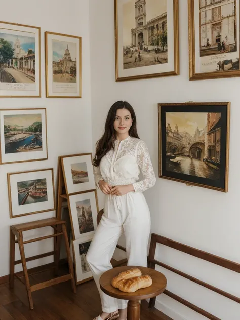 her name is Elle, high quality, 1girl, ((20-year-old fit Caucasian woman)), ((20 years old)), ((fit)), ((pale skin)), Beachy Waves dark hair , wearing Ivory Lace High-Neck Blouse + High-Waisted Wide-Leg Trousers, pose: standing, background:  In a small, ar...