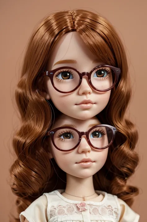 Pale, freckled Blythe doll with honey hair, brown eyes and light pink glasses
animated