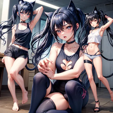 masterpiece,One girl,alone ,Heart-shaped pupils,Open your mouth,hoodie,,  Static Restraints,　Dark blue hair girl, Cat ears and tail, Wearing a tank top and racing pants.　Loli body type　　Twin tails　Female genitalia is visible　　Detailed depiction of female g...