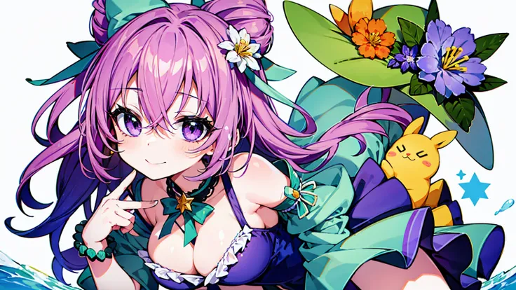 The character in the image has various distinctive features. She has short, wavy lavender hair with an orange and green flower ornament and a star-shaped clip. Her eyes are bright green, and she has a cheerful expression. She is making a "V" sign with her ...