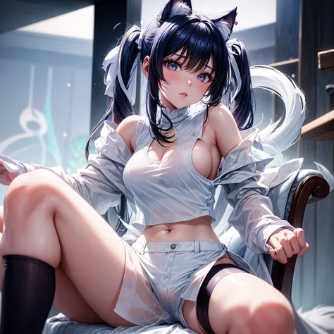 Close-up of a woman in a white blouse sitting on a chair, Gorgeous Young Korean Woman, White clothes are very transparent, Chest visible　Dark blue hair girl, Cat ears and tail, Wearing a tank top and racing pants.　Loli body type　　Twin tails　Female genitali...