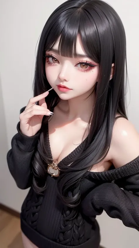 Highest quality、8K、32k、masterpiece、Hmph:1.2)、One Girl、One Girl、Black-haired、Heavy bangs、Chest-length hair、Focus on the face、Focus on the face、(jirai makeup:1.3, Virgin killer sweater:1.5, 頭から足まで:1.5)