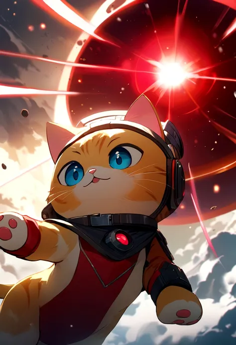 A cute hero cat shooting red laser beyond the space