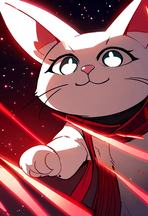 A cute hero cat shooting red laser beyond the space