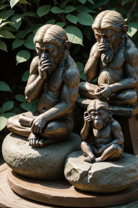 Create a detailed image of the “Three Wise Monkeys” in a traditional Japanese setting. The three monkeys are sitting side by side on an ornate wooden base, surrounded by a zen garden with rocks and small bonsai trees. The first monkey is covering his eyes ...