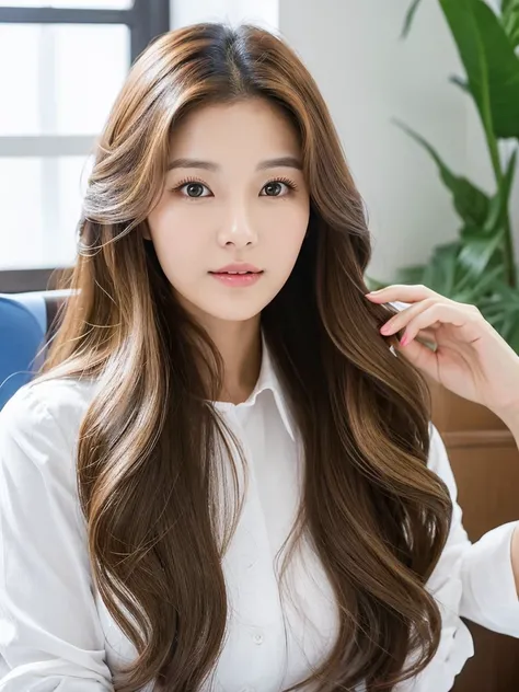 {2.5D art style} Han Julie is a young Korean woman in her 30s. Her hair is long and wavy in a dark blonde colors. 
Her face is oval and marked by her large brown eyes, which carry a cold, unexpressive face. Her skin is radiant and clear, presenting an impe...