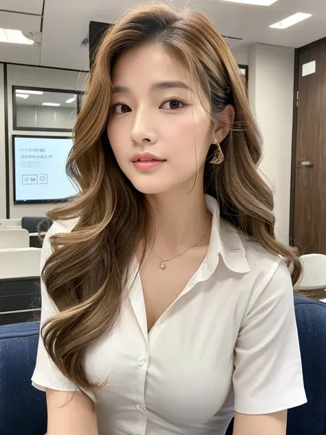 {2.5D art style} Han Julie is a young Korean woman in her 30s. Her hair is long and wavy in a dark blonde colors. 
Her face is oval and marked by her large brown eyes, which carry a cold, unexpressive face. Her skin is radiant and clear, presenting an impe...