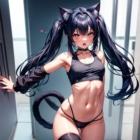 masterpiece,One girl,alone ,Heart-shaped pupils,Open your mouth,hoodie,,  Static Restraints,　Dark blue hair girl, Cat ears and tail, Wearing a tank top and racing pants.　Loli body type　　Twin tails　Female genitalia is visible　　Detailed depiction of female g...