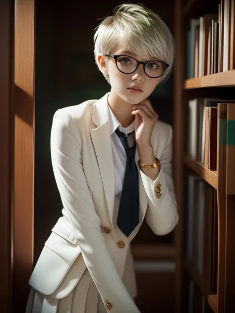 1girl, elegant bearing, small, slender build, short height, narrow shoulders, pale skin dotted by freckles, short platinum blonde hair, (((pixie cut hairstyle))), (((boyish hair))), (dark green eyes), silver glasses, cute facial features with an underlying...