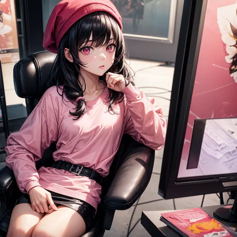 ((best quality)), ((masterpiece)), (detailed), 1modern era girl, siting on gaming chair ,black hair, wear a pink jacket, shirt inside, upper body, infinite neclace, red berret, black writing on the shirt,pink eyes, background with written name "yensa"