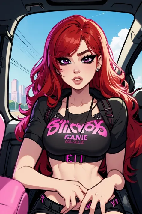 girl with red hair and black top in car, tumblr, digital art, kda, anime vibes, portrait of jossi of blackpink, urban girl fanar...