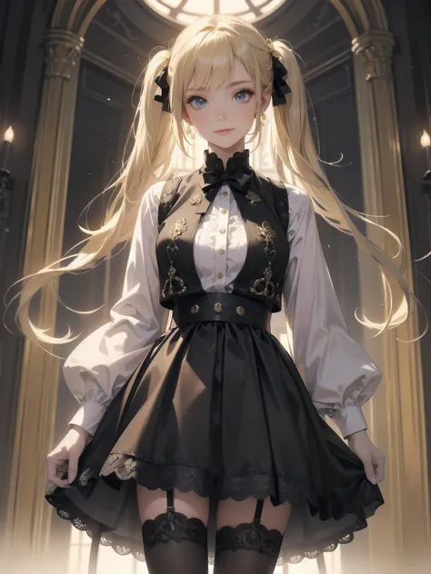 A lavish, photorealistic illustration of Soro, a charming 19th-century maiden, exudes elegance in a masterfully crafted scene. Framed by a ornate, gilded archway, she stands poised, her twintails adorned with sparkling bows, her cardigan vest and short-sle...