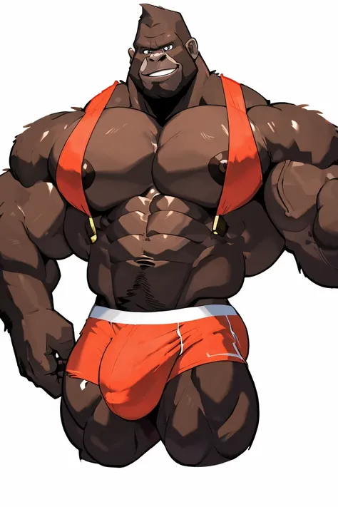 Gorilla man, exaggeratedly muscular, detailed eyes, prominent and dilated veins, alpha male, huge pecs (huge: 3.0), sensual expression, nicebulge, sexy pose, full body, (white background).