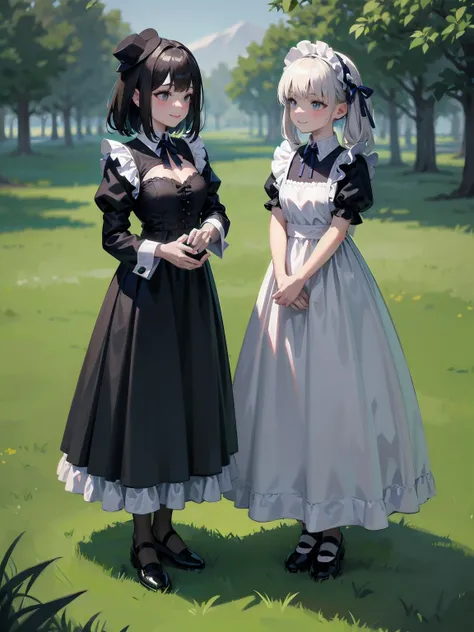 A serene outdoor scene unfolds at dusk, with a brilliant blue sky transitioning into a canvas of twinkling stars. A beautiful young girl, dressed in a stunning white and black gothic maid dress adorned with a navy blue ribbon, stands amidst lush green gras...