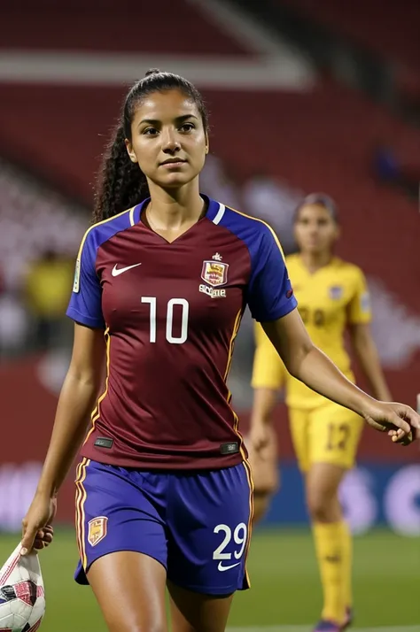 Una chica sentada en el estadio con la camisa de la INinotinto con nombre Valeria.IN